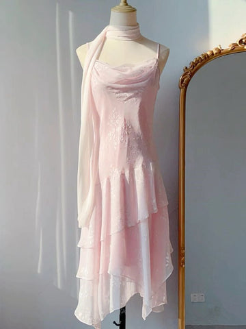 Gentle Pink Print Floral A Line Spaghetti Strap Ruffle Chiffon Party Dress Homecoming Dress HZ1023
